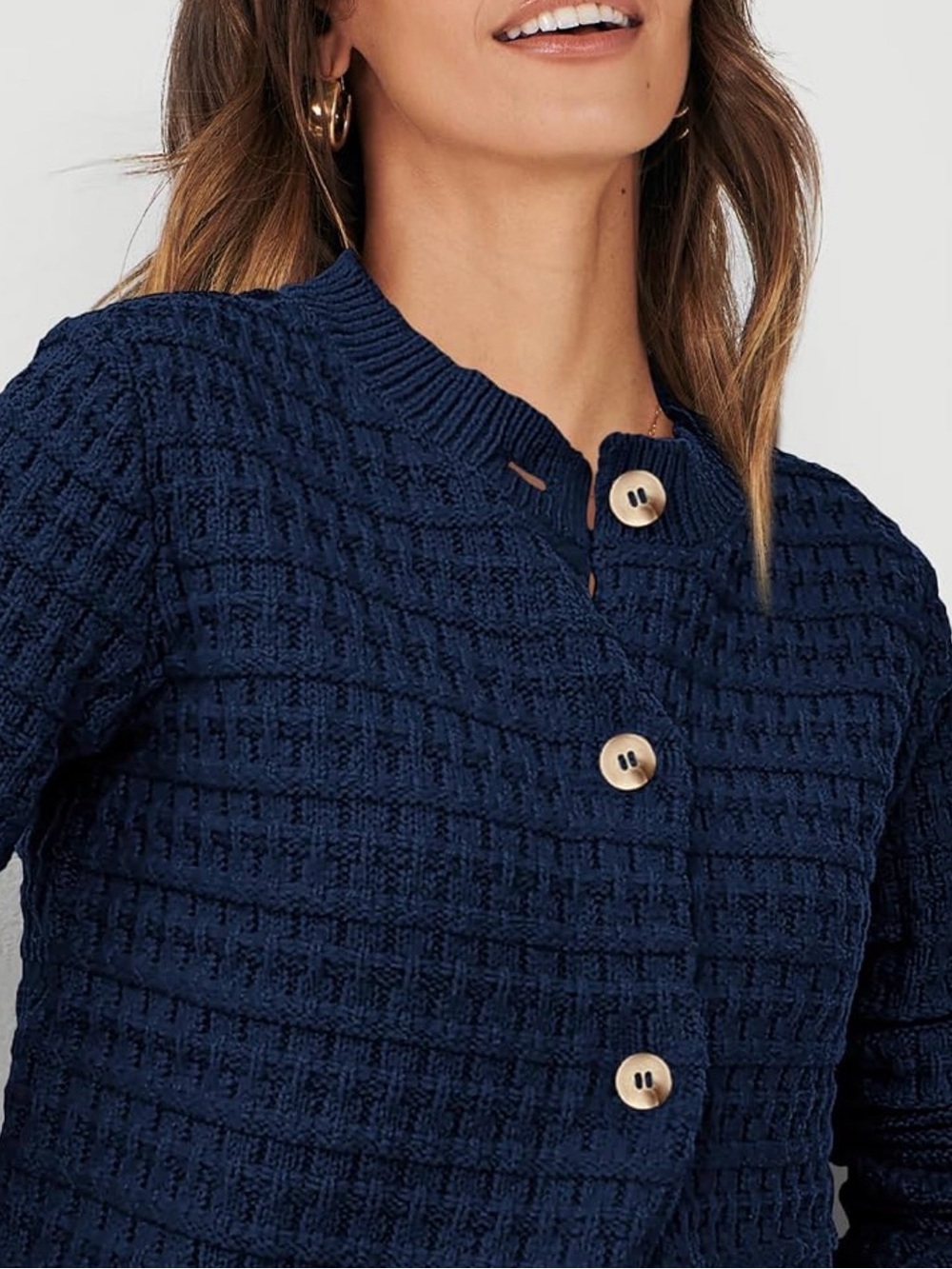 Button-Front Navy Textured Women's Cardigan Sweater